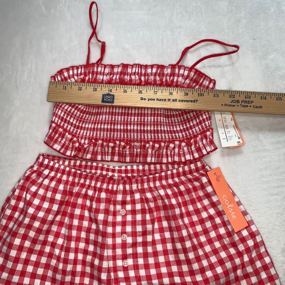 Colsie red white gingham pajamas set smocked spaghetti strap top shorts‎ size XS - Picture 3 of 11